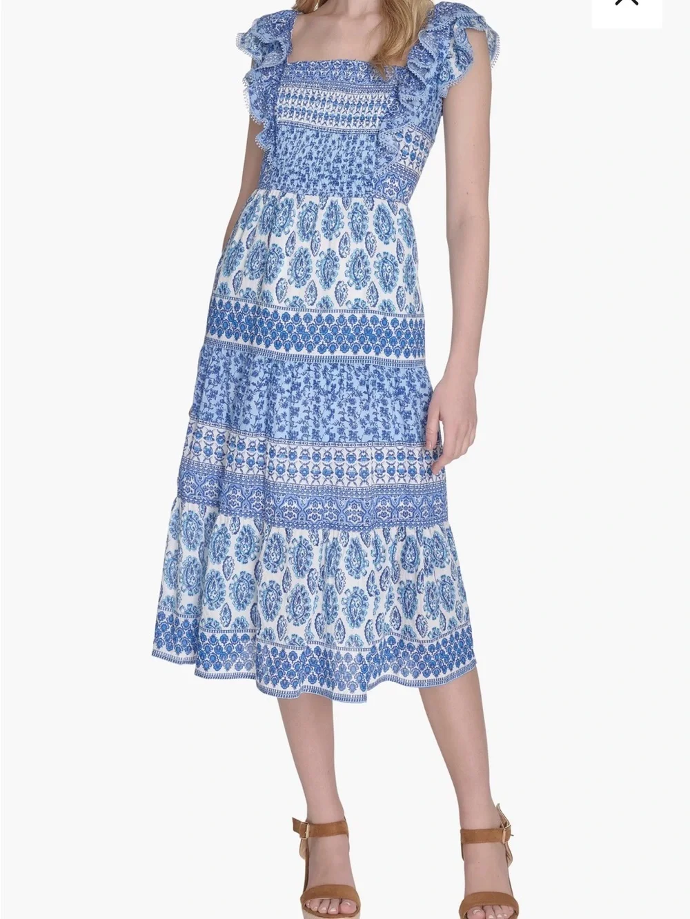 Eliza J Blue and White Printed Smocked Midi Dress